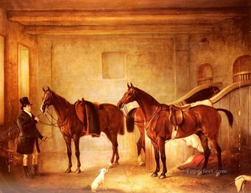  Bay Pintura al %C3%B3leo - Sir John Thorold Bay Hunters con su novio en un establo de caballos John Ferneley Snr